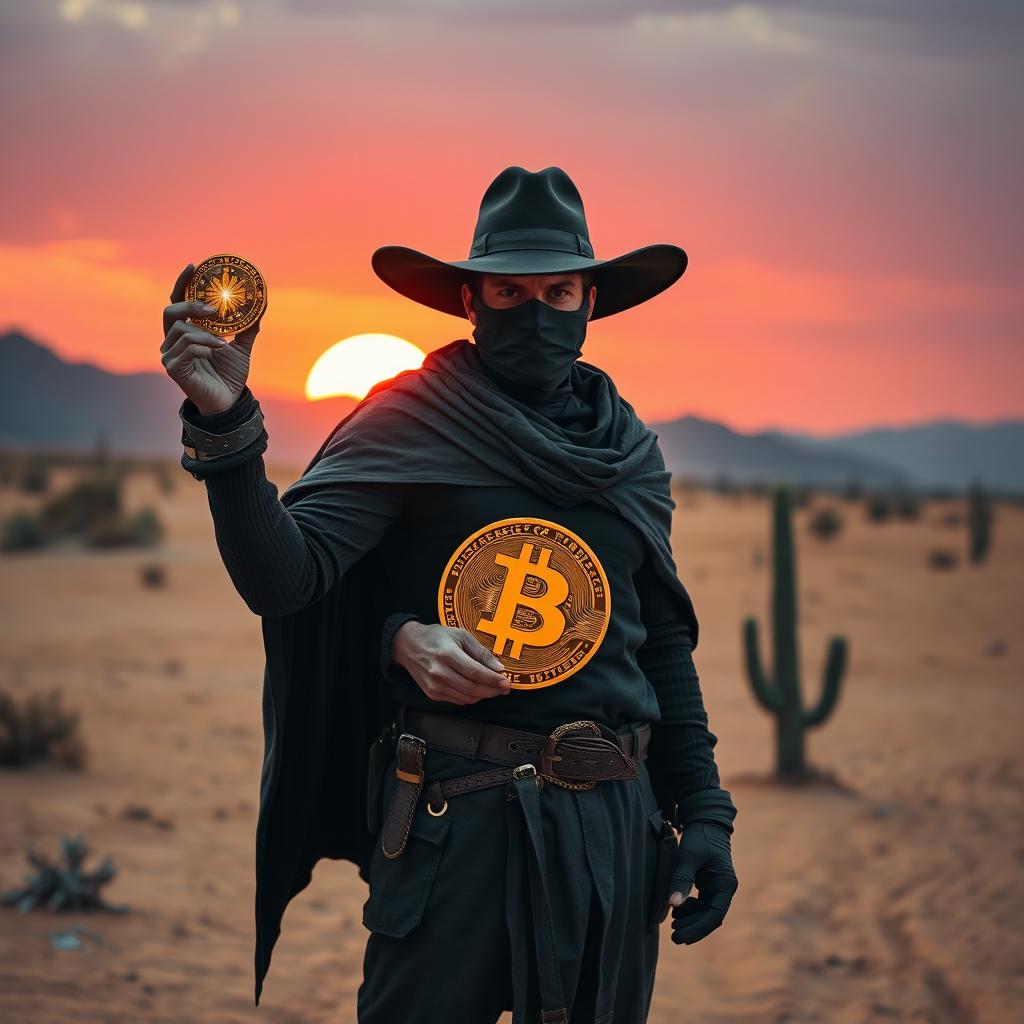 A rugged bandit standing confidently in a desolate desert, wearing a dark cloak and a wide-brimmed hat, holds a shining Bitcoin in one hand, symbolizing a modern twist on treasure hunting