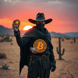A rugged bandit standing confidently in a desolate desert, wearing a dark cloak and a wide-brimmed hat, holds a shining Bitcoin in one hand, symbolizing a modern twist on treasure hunting