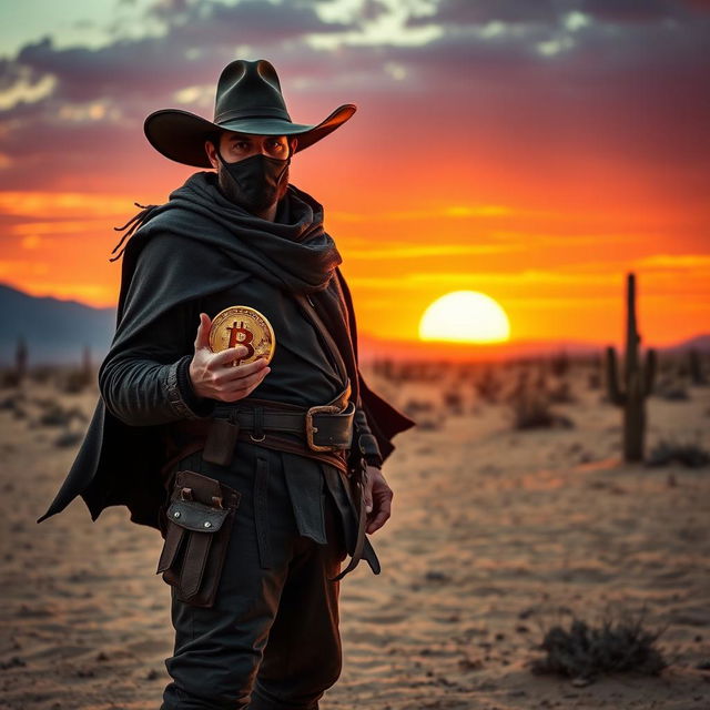 A rugged bandit standing confidently in a desolate desert, wearing a dark cloak and a wide-brimmed hat, holds a shining Bitcoin in one hand, symbolizing a modern twist on treasure hunting