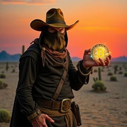 A rugged bandit standing confidently in a desolate desert, wearing a dark cloak and a wide-brimmed hat, holds a shining Bitcoin in one hand, symbolizing a modern twist on treasure hunting