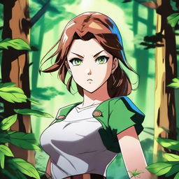 A high-quality digital art piece in the bold manga animation style, portraying an extraordinarily beautiful girl with the power of nature, poised for battle