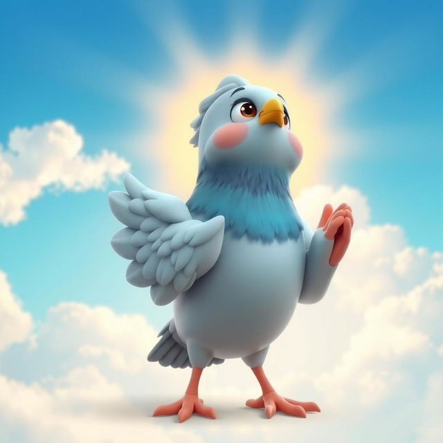 A whimsical 3D cartoon style illustration of a human-like pigeon in a prayer stance, looking up towards the heavens