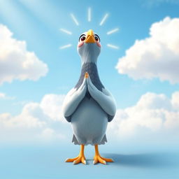 A whimsical 3D cartoon style illustration of a human-like pigeon in a prayer stance, looking up towards the heavens