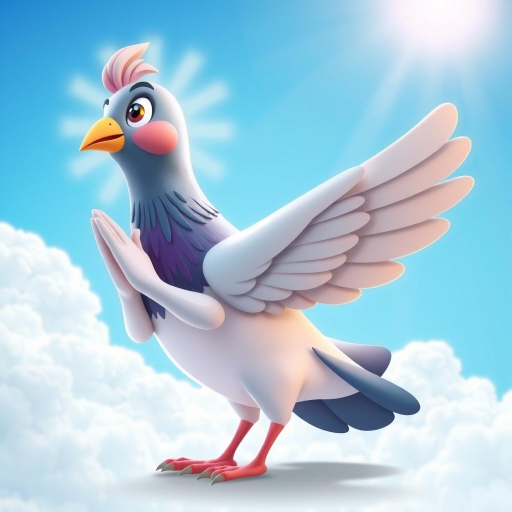 A whimsical 3D cartoon style illustration of a human-like pigeon in a prayer stance, looking up towards the heavens