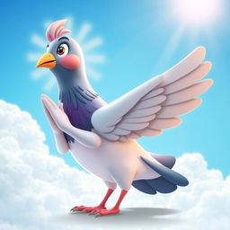 A whimsical 3D cartoon style illustration of a human-like pigeon in a prayer stance, looking up towards the heavens