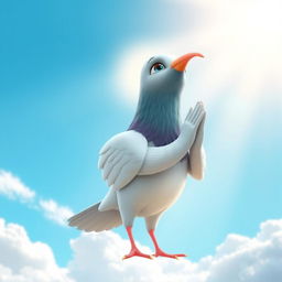 A whimsical 3D cartoon style illustration of a human-like pigeon in a prayer stance, looking up towards the heavens