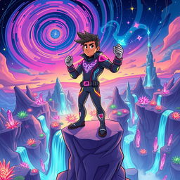 A dynamic and whimsical illustration capturing the adventures of Quantumic Ankit, a bold and resourceful character dressed in a sleek, high-tech suit adorned with glowing quantum patterns