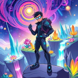 A dynamic and whimsical illustration capturing the adventures of Quantumic Ankit, a bold and resourceful character dressed in a sleek, high-tech suit adorned with glowing quantum patterns