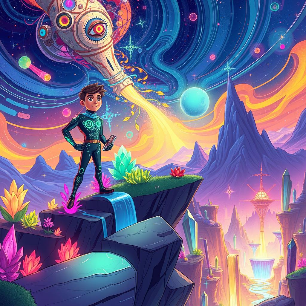 A dynamic and whimsical illustration capturing the adventures of Quantumic Ankit, a bold and resourceful character dressed in a sleek, high-tech suit adorned with glowing quantum patterns