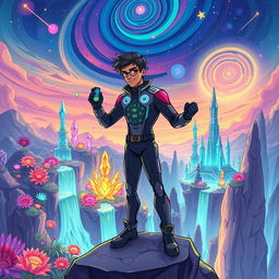 A dynamic and whimsical illustration capturing the adventures of Quantumic Ankit, a bold and resourceful character dressed in a sleek, high-tech suit adorned with glowing quantum patterns