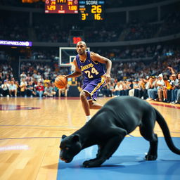 A dynamic scene depicting a professional basketball game in progress