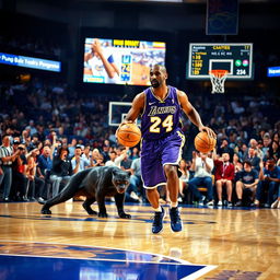 A dynamic scene depicting a professional basketball game in progress
