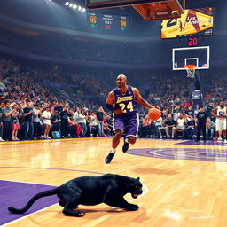 A dynamic scene depicting a professional basketball game in progress