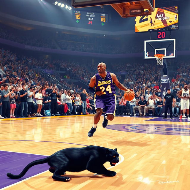 A dynamic scene depicting a professional basketball game in progress