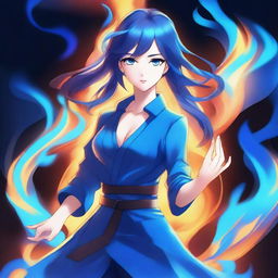 A high-quality digital art piece in the style of anime, featuring an extraordinarily beautiful girl wielding the power of blue fire