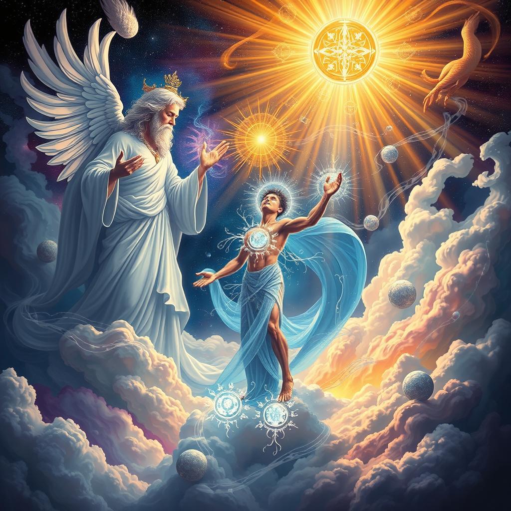 A breathtaking scene depicting the moment of creation where a divine figure, representing God, along with ethereal spirits, is engaged in the majestic act of creating a man infused with mystical powers