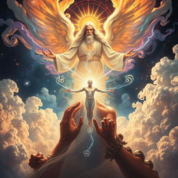 A breathtaking scene depicting the moment of creation where a divine figure, representing God, along with ethereal spirits, is engaged in the majestic act of creating a man infused with mystical powers