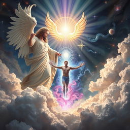 A breathtaking scene depicting the moment of creation where a divine figure, representing God, along with ethereal spirits, is engaged in the majestic act of creating a man infused with mystical powers