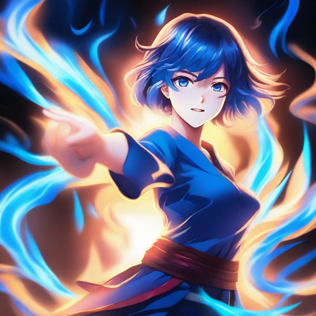 A high-quality digital art piece in the style of anime, featuring an extraordinarily beautiful girl wielding the power of blue fire