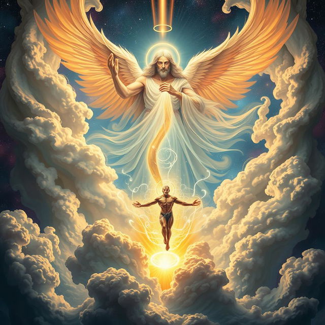 A breathtaking scene depicting the moment of creation where a divine figure, representing God, along with ethereal spirits, is engaged in the majestic act of creating a man infused with mystical powers