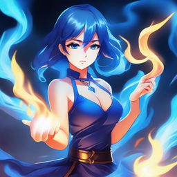 A high-quality digital art piece in the style of anime, featuring an extraordinarily beautiful girl wielding the power of blue fire