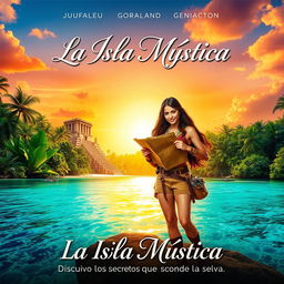 A fictional movie poster for a Spanish adventure film titled 'La Isla Mística' (The Mystic Island)