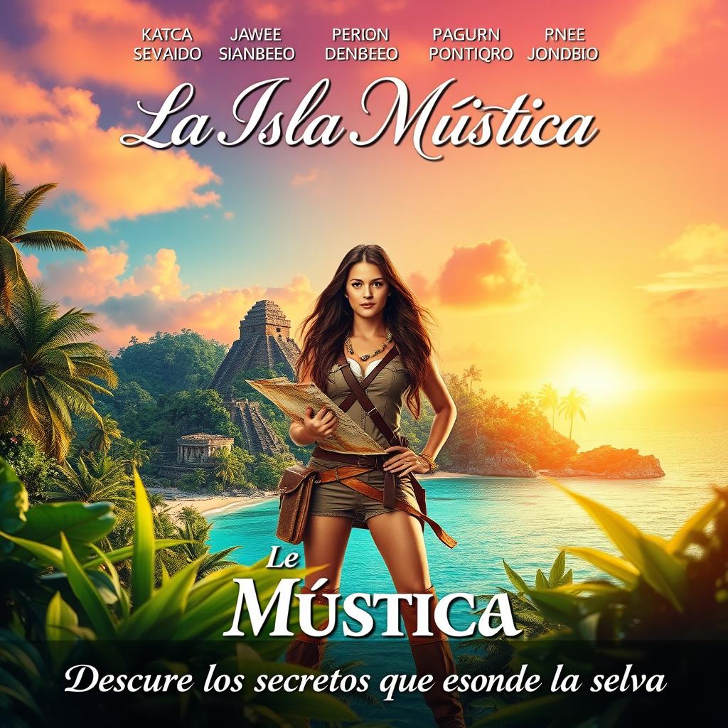 A fictional movie poster for a Spanish adventure film titled 'La Isla Mística' (The Mystic Island)