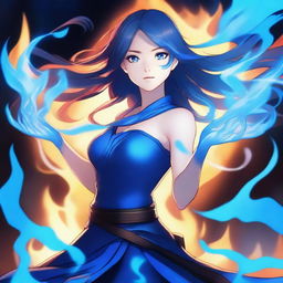A high-quality digital art piece in the style of anime, featuring an extraordinarily beautiful girl wielding the power of blue fire