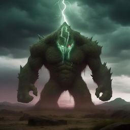 An imposing, large green stone golem with glowing red eyes, sharp, jagged features, standing amidst a lightning storm in a desolate landscape.