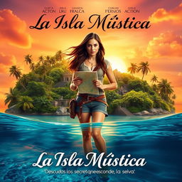 A fictional movie poster for a Spanish adventure film titled 'La Isla Mística' (The Mystic Island)