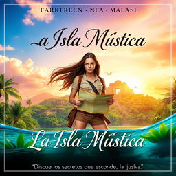 A fictional movie poster for a Spanish adventure film titled 'La Isla Mística' (The Mystic Island)