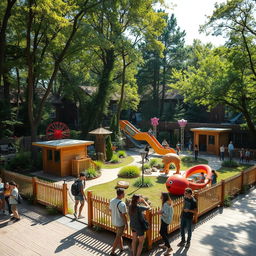 A small, innovative rectangular theme park located within a rustic university setting