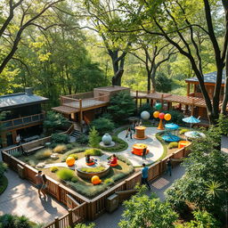 A small, innovative rectangular theme park located within a rustic university setting