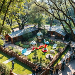 A small, innovative rectangular theme park located within a rustic university setting