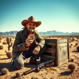 A rugged bandit wearing a classic cowboy hat and tattered leather jacket, crouching beside an old wooden crate in a dusty desert landscape