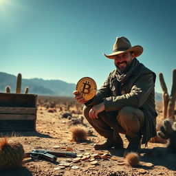 A rugged bandit wearing a classic cowboy hat and tattered leather jacket, crouching beside an old wooden crate in a dusty desert landscape