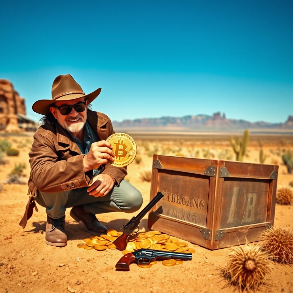 A rugged bandit wearing a classic cowboy hat and tattered leather jacket, crouching beside an old wooden crate in a dusty desert landscape