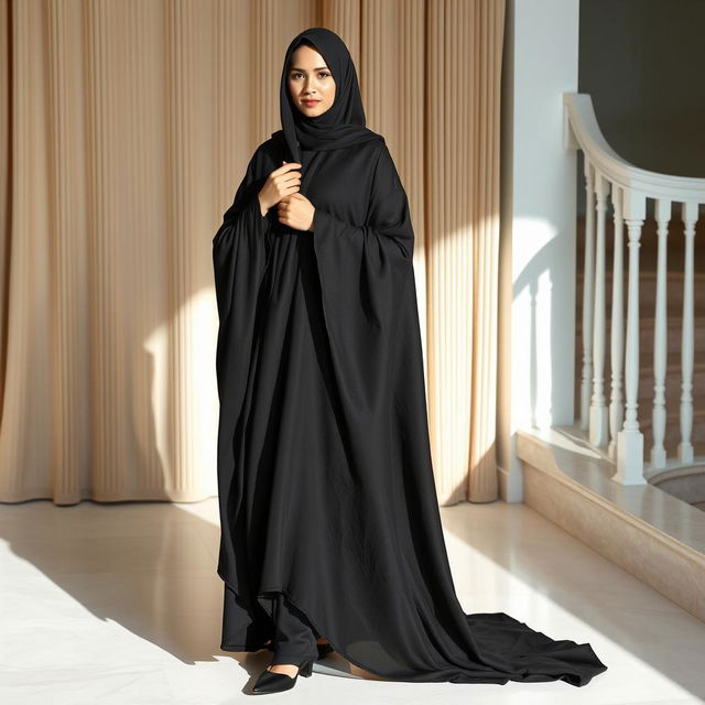 A woman wearing a traditional black chadori that fully covers her head and body, complemented by sleek black tights and elegant black high heels