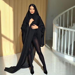 A woman wearing a traditional black chadori that fully covers her head and body, complemented by sleek black tights and elegant black high heels