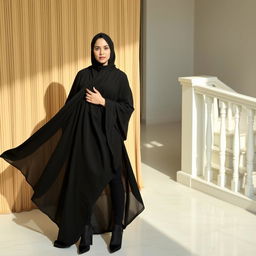 A woman wearing a traditional black chadori that fully covers her head and body, complemented by sleek black tights and elegant black high heels