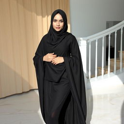 A woman wearing a traditional black chadori that fully covers her head and body, complemented by sleek black tights and elegant black high heels