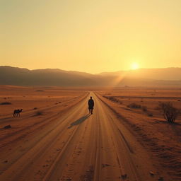 A serene and stark landscape depicting a remote Algerian boarding school set against a backdrop of vast desert and gentle mountains, with a solitary figure of a schoolteacher standing on a dusty road, contemplating the uncertain fate of an Arab prisoner
