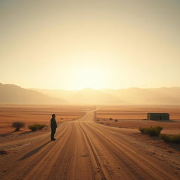 A serene and stark landscape depicting a remote Algerian boarding school set against a backdrop of vast desert and gentle mountains, with a solitary figure of a schoolteacher standing on a dusty road, contemplating the uncertain fate of an Arab prisoner