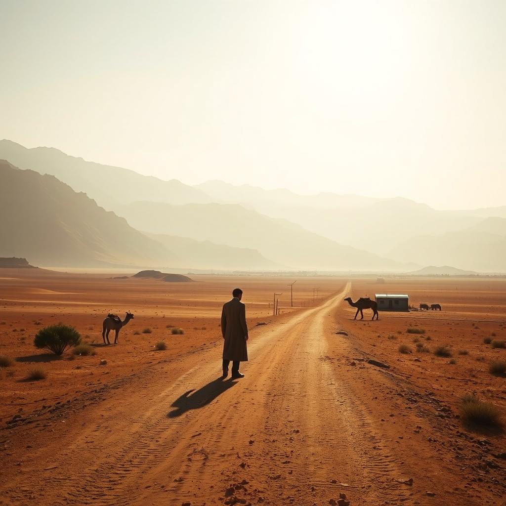 A serene and stark landscape depicting a remote Algerian boarding school set against a backdrop of vast desert and gentle mountains, with a solitary figure of a schoolteacher standing on a dusty road, contemplating the uncertain fate of an Arab prisoner