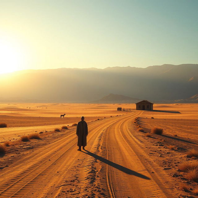 A serene and stark landscape depicting a remote Algerian boarding school set against a backdrop of vast desert and gentle mountains, with a solitary figure of a schoolteacher standing on a dusty road, contemplating the uncertain fate of an Arab prisoner