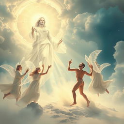 An evocative scene portraying the divine moment where God and a group of ethereal spirits are seen creating man from dust