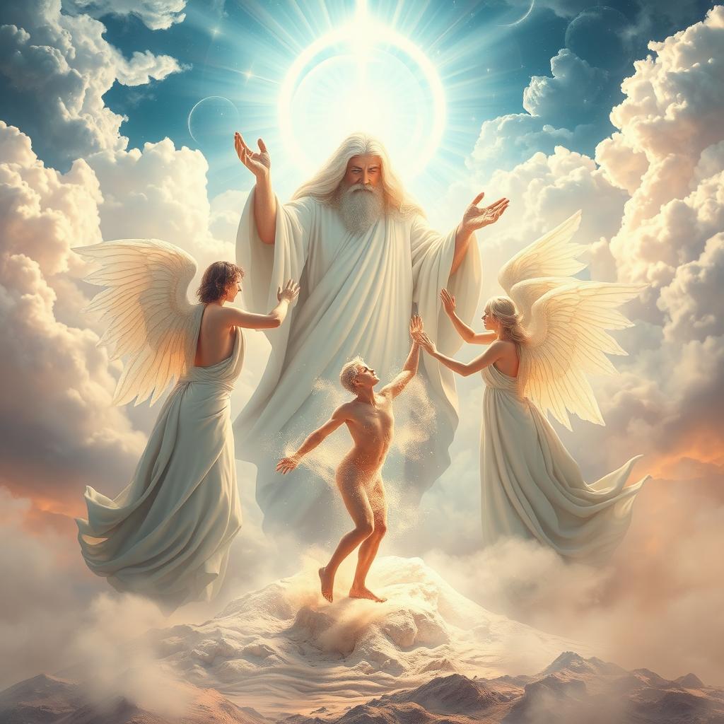An evocative scene portraying the divine moment where God and a group of ethereal spirits are seen creating man from dust