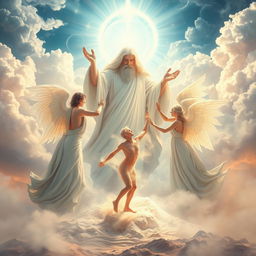 An evocative scene portraying the divine moment where God and a group of ethereal spirits are seen creating man from dust