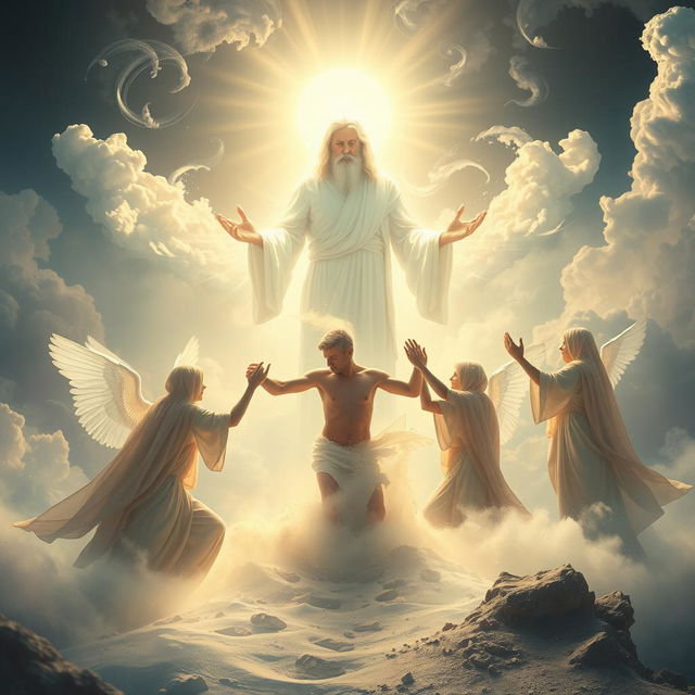 An evocative scene portraying the divine moment where God and a group of ethereal spirits are seen creating man from dust