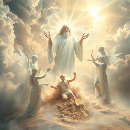 An evocative scene portraying the divine moment where God and a group of ethereal spirits are seen creating man from dust